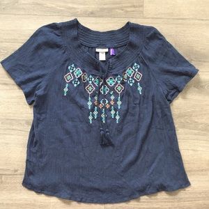 Catherines Navy Short Sl Embroidered Blouse 1XWP